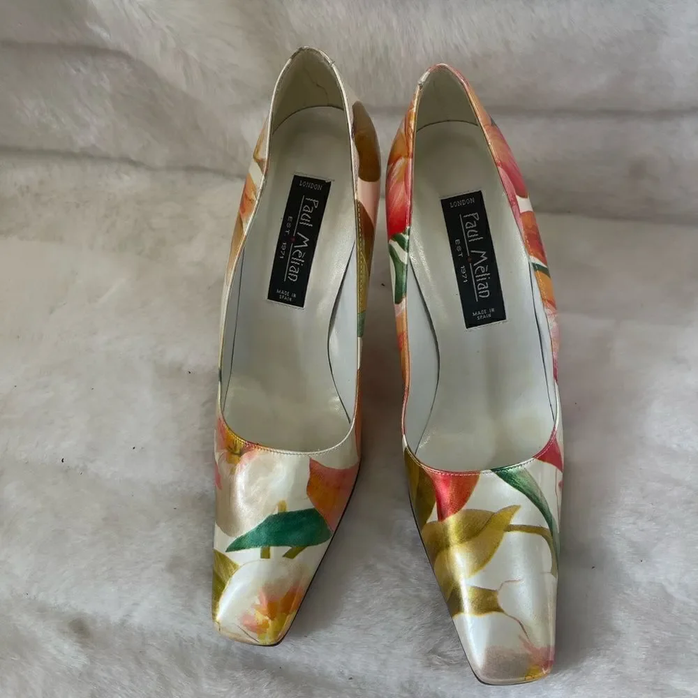 Paul Mèlian patent multi color marble prints slip on pumps square toe si…
